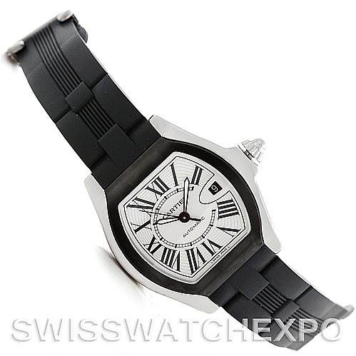 The Cartier Roadster W6206018 Men's Stainless Steel Silver Dial W6206018 Men's Stainless Steel Silver Dial watch is displayed at a slight angle, showcasing its face, bezel, and rubber strap.