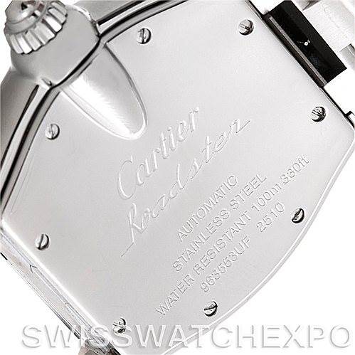 The image shows the back cover of a Cartier Roadster W62025V3 Men's Stainless Steel Silver Dial W62025V3 Men's Stainless Steel Silver Dial watch, highlighting the engraved details and stainless steel finish.