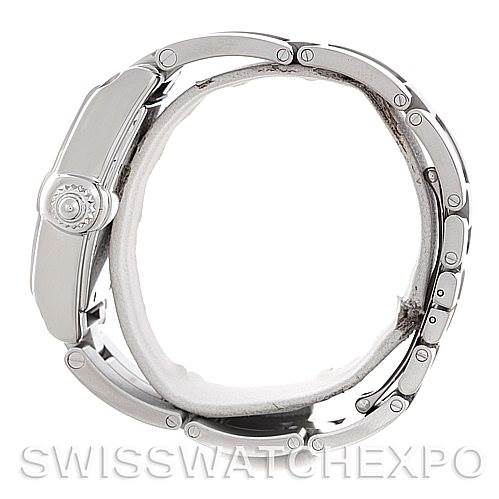 This side view of the Cartier Roadster W62025V3 Men's Stainless Steel Silver Dial W62025V3 Men's Stainless Steel Silver Dial watch shows the crown, case, and part of the bracelet.