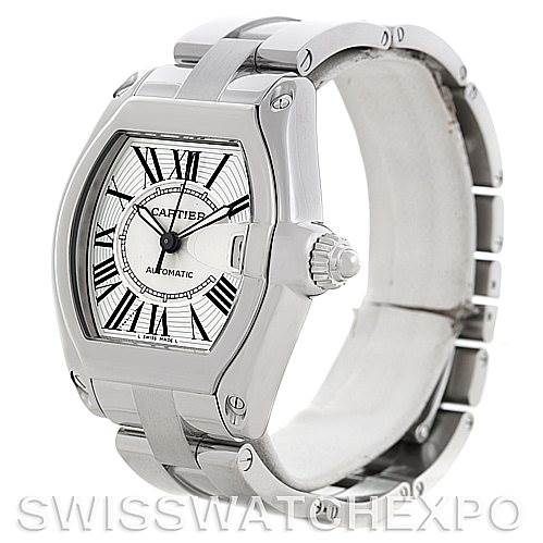 The image shows a Cartier Roadster W62025V3 Men's Stainless Steel Silver Dial W62025V3 Men's Stainless Steel Silver Dial watch from a front three-quarter angle, highlighting its face, bezel, and bracelet.