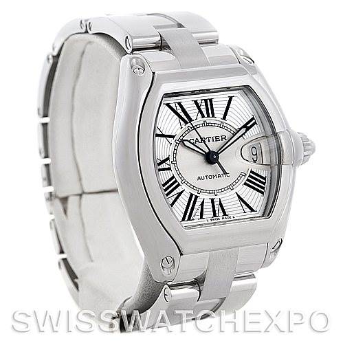 The image shows a Cartier Roadster W62025V3 Men's Stainless Steel Silver Dial W62025V3 Men's Stainless Steel Silver Dial watch from an angled front and left side view, highlighting the dial, bezel, and metal bracelet.