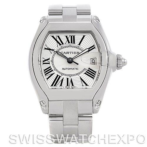 The image shows a frontal view of the Cartier Roadster W62025V3 Men's Stainless Steel Silver Dial W62025V3 Men's Stainless Steel Silver Dial watch, highlighting its face, bezel, and part of the bracelet.