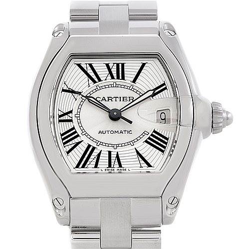 The image shows the front view of a Cartier Roadster W62025V3 Men's Stainless Steel Silver Dial W62025V3 Men's Stainless Steel Silver Dial watch, featuring its dial, bezel, crown, and part of the bracelet.