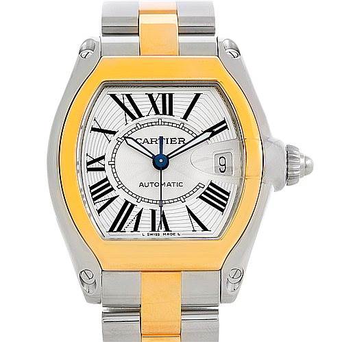 The image shows a front view of the Cartier Roadster W62031Y4 Men's Steel and Gold (two tone) Silver Dial W62031Y4 Men's Steel and Gold (two tone) Silver Dial model watch, displaying its dial, bezel, and bracelet.