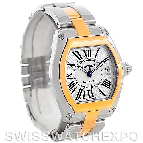 The image shows a full view of a Cartier Roadster W62031Y4 Men's Steel and Gold (two tone) Silver Dial W62031Y4 Men's Steel and Gold (two tone) Silver Dial watch, showcasing its dial, casing, and stainless steel and gold bracelet.