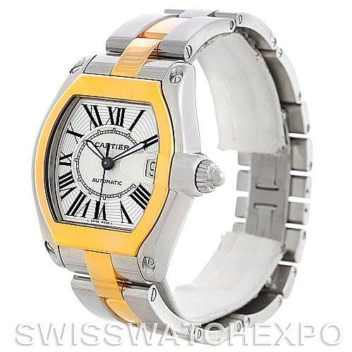 The image shows a Cartier Roadster W62031Y4 Men's Steel and Gold (two tone) Silver Dial W62031Y4 Men's Steel and Gold (two tone) Silver Dial watch angled to display its face, crown, and two-tone band.