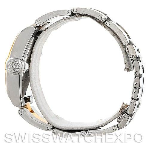 The image shows a side profile view of the Cartier Roadster W62031Y4 Men's Steel and Gold (two tone) Silver Dial W62031Y4 Men's Steel and Gold (two tone) Silver Dial watch, highlighting the bracelet, case, and crown.