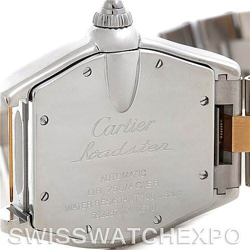 This image shows the back case of the Cartier Roadster W62031Y4 Men's Steel and Gold (two tone) Silver Dial W62031Y4 Men's Steel and Gold (two tone) Silver Dial watch, displaying its inscriptions and part of the metal bracelet.