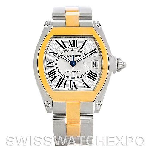 The image shows a Cartier Roadster W62031Y4 Men's Steel and Gold (two tone) Silver Dial W62031Y4 Men's Steel and Gold (two tone) Silver Dial watch from a front angle, highlighting its face, bezel, and part of the bracelet.