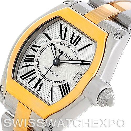 The image shows a close-up angled view of the Cartier Roadster W62031Y4 Men's Steel and Gold (two tone) Silver Dial W62031Y4 Men's Steel and Gold (two tone) Silver Dial watch, focusing on the face, bezel, case, and part of the bracelet.