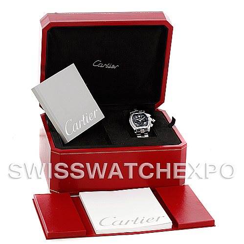 The Cartier Roadster W62020X6 Men's Stainless Steel Black Dial W62020X6 Men's Stainless Steel Black Dial watch is shown in its open box with manuals visible, photographed from the front angle.