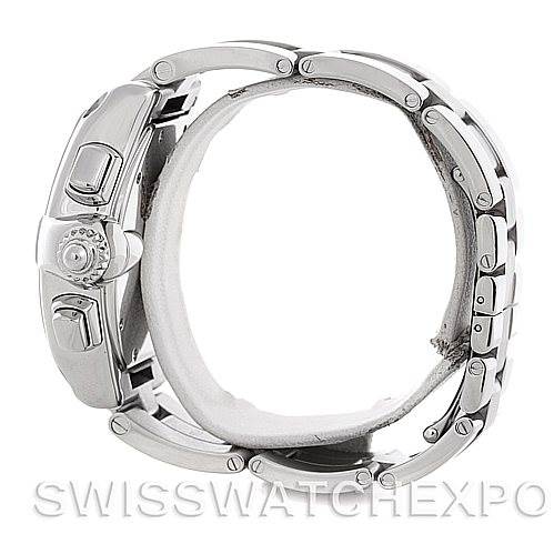 This image shows a side angle of a Cartier Roadster W62020X6 Men's Stainless Steel Black Dial W62020X6 Men's Stainless Steel Black Dial watch, highlighting the bracelet, case, and crown.