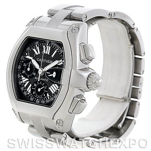 The image shows a side and angled view of a Cartier Roadster W62020X6 Men's Stainless Steel Black Dial W62020X6 Men's Stainless Steel Black Dial watch, highlighting its dial, case, crown, and part of the bracelet.
