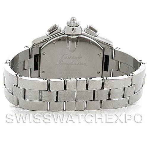 The image shows the back and bracelet of a Cartier Roadster W62020X6 Men's Stainless Steel Black Dial W62020X6 Men's Stainless Steel Black Dial watch from a rear angle.