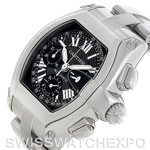 This image shows a Cartier Roadster W62020X6 Men's Stainless Steel Black Dial W62020X6 Men's Stainless Steel Black Dial watch at an angle displaying the dial, crown, band, and pushers.