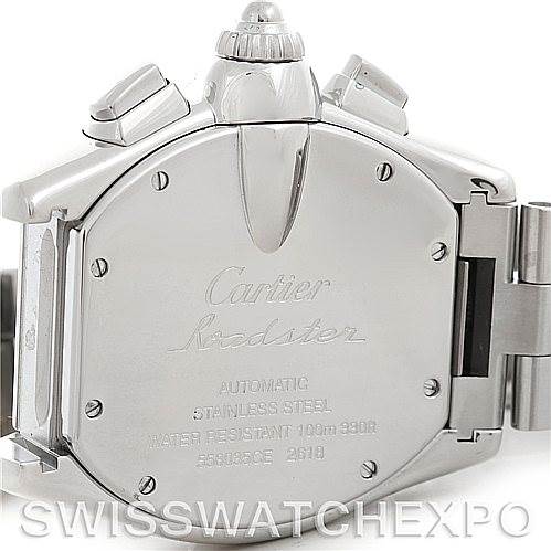 The image shows the back case of a Cartier Roadster W62020X6 Men's Stainless Steel Black Dial W62020X6 Men's Stainless Steel Black Dial watch, displaying engravings and part of the metal bracelet.