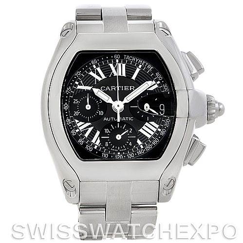 The Cartier Roadster W62020X6 Men's Stainless Steel Black Dial W62020X6 Men's Stainless Steel Black Dial watch is shown from a front angle, highlighting the dial, tachymeter, and crown with two pushers.