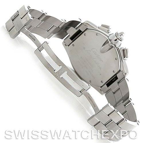 The image shows the back view and bracelet of a Cartier Roadster W62020X6 Men's Stainless Steel Black Dial W62020X6 Men's Stainless Steel Black Dial model watch, including the clasp and part of the case back.