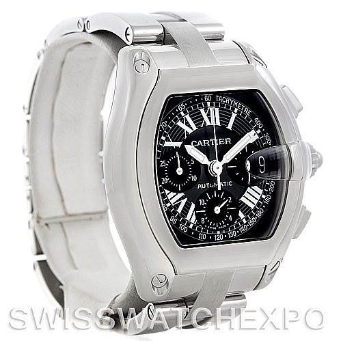 This image shows a Cartier Roadster W62020X6 Men's Stainless Steel Black Dial W62020X6 Men's Stainless Steel Black Dial watch from an angled view, showcasing the dial, case, and part of the stainless steel bracelet.