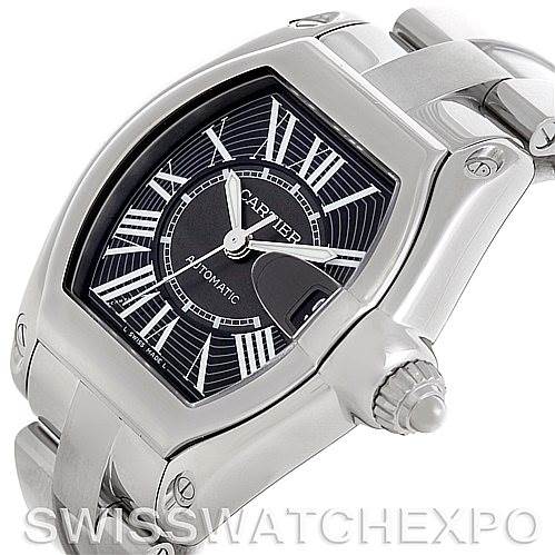 The Cartier Roadster W62041V3 Men's Stainless Steel Black Dial W62041V3 Men's Stainless Steel Black Dial watch is shown from a three-quarter angle, displaying its face, crown, and part of the metal bracelet.