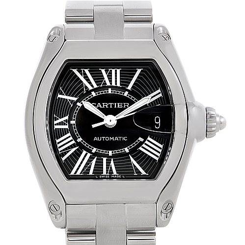 The image shows a front view of the Cartier Roadster W62041V3 Men's Stainless Steel Black Dial W62041V3 Men's Stainless Steel Black Dial watch, highlighting its dial, hands, and stainless steel bracelet.