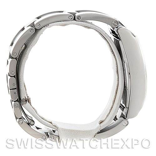 This image shows the Cartier Roadster W62041V3 Men's Stainless Steel Black Dial W62041V3 Men's Stainless Steel Black Dial watch from a side view, highlighting the case, bezel, and bracelet links.