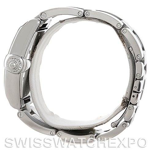 The image displays a side profile view of a Cartier Roadster W62041V3 Men's Stainless Steel Black Dial W62041V3 Men's Stainless Steel Black Dial watch, showcasing its crown, case, and bracelet.