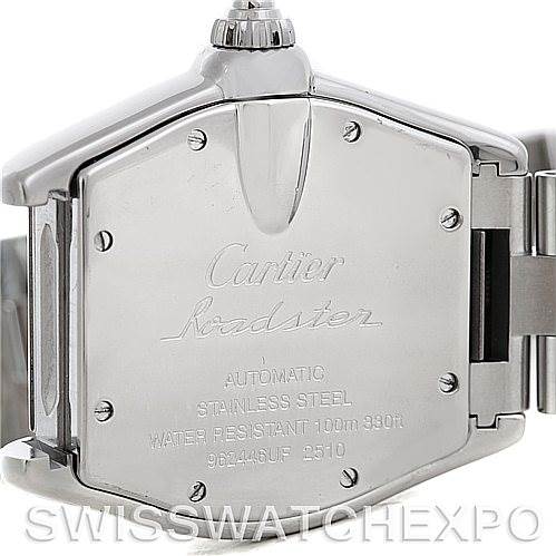 The image shows the back case and part of the bracelet of the Cartier Roadster W62041V3 Men's Stainless Steel Black Dial W62041V3 Men's Stainless Steel Black Dial watch.