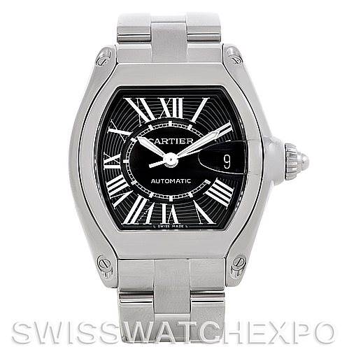 This image shows a front view of the Cartier Roadster W62041V3 Men's Stainless Steel Black Dial W62041V3 Men's Stainless Steel Black Dial watch, featuring its distinctive dial, hands, and bracelet.