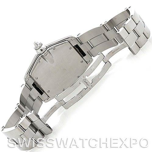 The image shows a Cartier Roadster W62041V3 Men's Stainless Steel Black Dial W62041V3 Men's Stainless Steel Black Dial watch from the back, highlighting the bracelet and clasp.