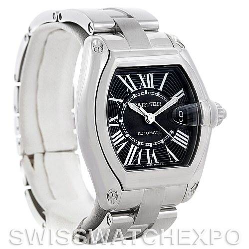 The image shows the Cartier Roadster W62041V3 Men's Stainless Steel Black Dial W62041V3 Men's Stainless Steel Black Dial watch from a front angle, highlighting the face, bezel, and part of the bracelet.