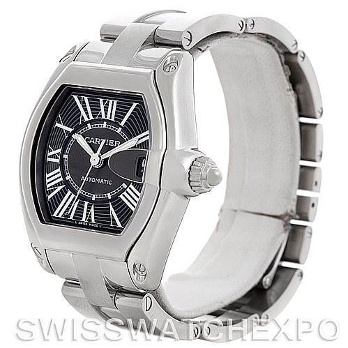The image shows a Cartier Roadster W62041V3 Men's Stainless Steel Black Dial W62041V3 Men's Stainless Steel Black Dial watch from a front-side angle, displaying its face, bezel, and part of the bracelet.