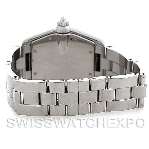 The image shows the back view of a Cartier Roadster W62041V3 Men's Stainless Steel Black Dial W62041V3 Men's Stainless Steel Black Dial watch, focusing on the stainless steel bracelet and case back.