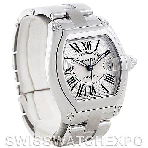 The image shows a side and front view of the Cartier Roadster W62025V3 Men's Stainless Steel Silver Dial W62025V3 Men's Stainless Steel Silver Dial watch, highlighting its case, dial, and bracelet.