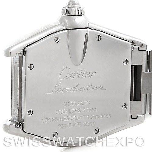 The image shows the back case and part of the clasp of a Cartier Roadster W62025V3 Men's Stainless Steel Silver Dial W62025V3 Men's Stainless Steel Silver Dial watch with engravings visible.