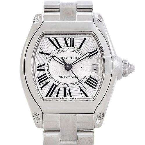 The Cartier Roadster W62025V3 Men's Stainless Steel Silver Dial W62025V3 Men's Stainless Steel Silver Dial watch is shown from a front angle, highlighting its dial, case, and bracelet.