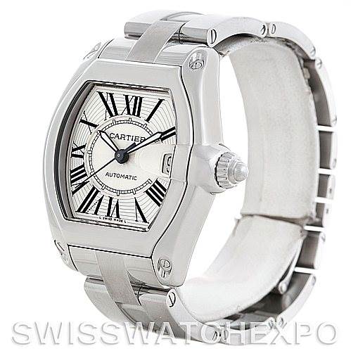 This image shows a Cartier Roadster W62025V3 Men's Stainless Steel Silver Dial W62025V3 Men's Stainless Steel Silver Dial watch angled to display the face, bezel, case, crown, and bracelet.