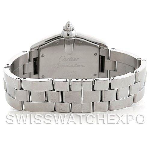 The image shows the back view of a Cartier Roadster W62025V3 Men's Stainless Steel Silver Dial W62025V3 Men's Stainless Steel Silver Dial watch, focusing on the bracelet and case back.