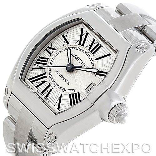 This image shows a Cartier Roadster W62025V3 Men's Stainless Steel Silver Dial W62025V3 Men's Stainless Steel Silver Dial watch with a side angle revealing the face, bezel, crown, and part of the bracelet.