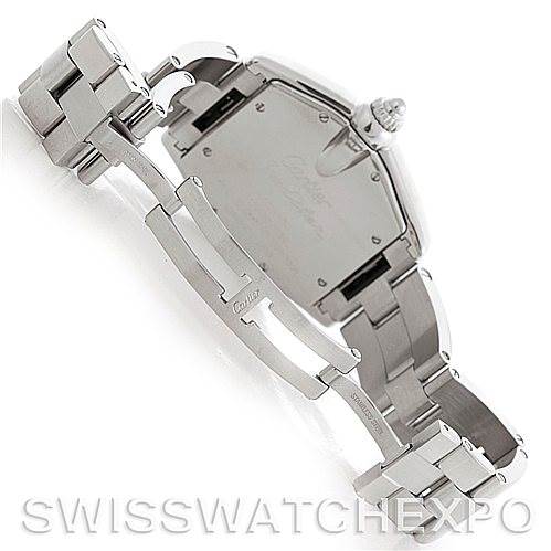 The image shows the back side and clasp of a Cartier Roadster W62025V3 Men's Stainless Steel Silver Dial W62025V3 Men's Stainless Steel Silver Dial watch, highlighting the bracelet and deployment clasp.