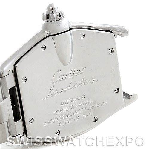 The image shows the backside and case of a Cartier Roadster W62025V3 Men's Stainless Steel Silver Dial W62025V3 Men's Stainless Steel Silver Dial watch, highlighting the engraving and crown.
