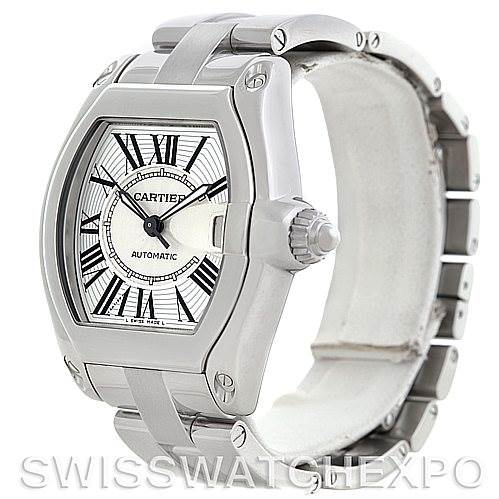 The image shows a Cartier Roadster W62025V3 Men's Stainless Steel Silver Dial W62025V3 Men's Stainless Steel Silver Dial model watch angled to display the watch face, crown, and part of the bracelet.