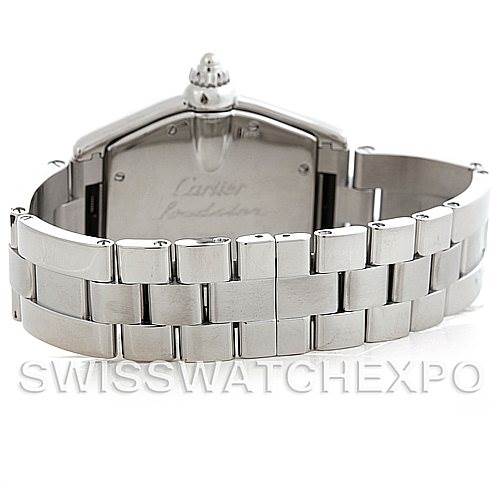 The image shows the back and bracelet of a Cartier Roadster W62025V3 Men's Stainless Steel Silver Dial W62025V3 Men's Stainless Steel Silver Dial watch from a rear angle.