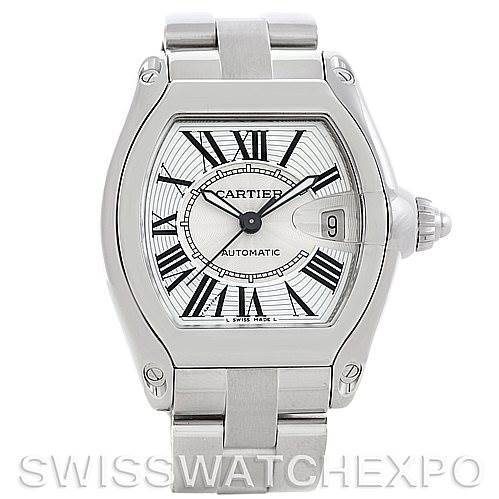 The image shows a front view of the Cartier Roadster W62025V3 Men's Stainless Steel Silver Dial W62025V3 Men's Stainless Steel Silver Dial watch, displaying the face, bezel, case, and part of the bracelet.