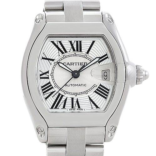 The Cartier Roadster W62025V3 Men's Stainless Steel Silver Dial W62025V3 Men's Stainless Steel Silver Dial watch is shown from the front, displaying its face, crown, and band attachments.