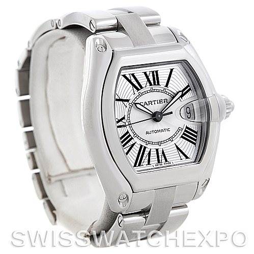The image shows a side angle of a Cartier Roadster W62025V3 Men's Stainless Steel Silver Dial W62025V3 Men's Stainless Steel Silver Dial watch, highlighting the face, case, bracelet, and crown.