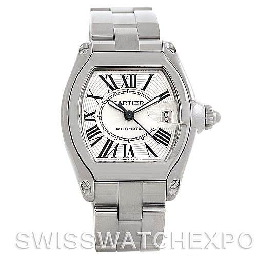 The image shows the front view of a Cartier Roadster W62025V3 Men's Stainless Steel Silver Dial W62025V3 Men's Stainless Steel Silver Dial watch, displaying its dial, bezel, crown, and metal bracelet.