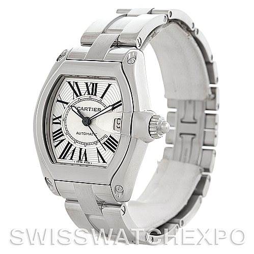 This image shows a Cartier Roadster W62025V3 Men's Stainless Steel Silver Dial W62025V3 Men's Stainless Steel Silver Dial watch, angled to display the watch face, crown, and stainless steel bracelet.