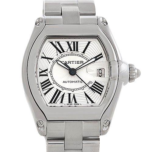 The image shows a frontal view of the Cartier Roadster W62025V3 Men's Stainless Steel Silver Dial W62025V3 Men's Stainless Steel Silver Dial watch, including its face, bezel, and part of the bracelet.