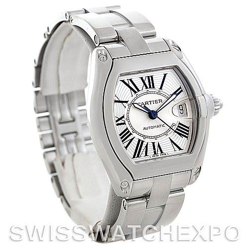 This image shows a Cartier Roadster W62025V3 Men's Stainless Steel Silver Dial W62025V3 Men's Stainless Steel Silver Dial watch at a three-quarter angle, highlighting the dial, bezel, and bracelet.
